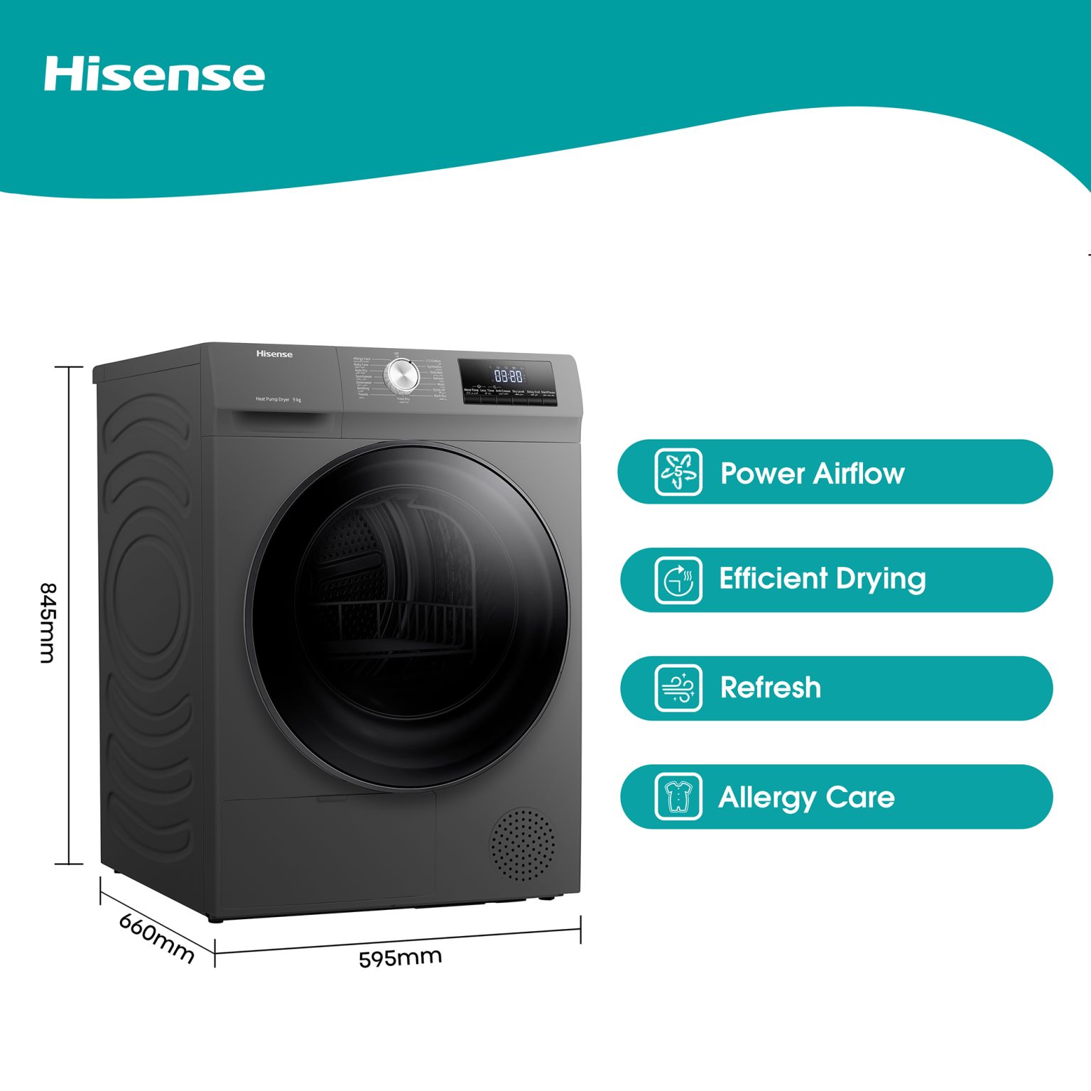 Hisense DHQA902UT 9kg Heat Pump Dryer with Anti Crease,Durable Motor ...