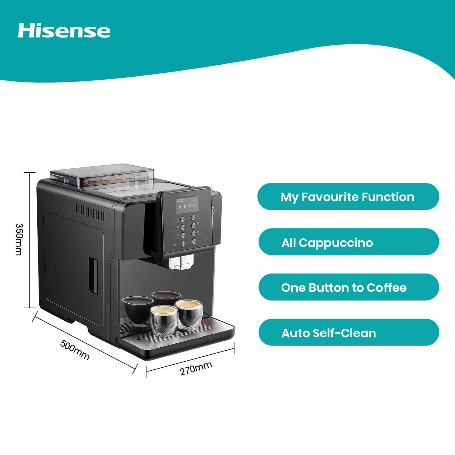 Hisense One touch Cappuccino With Visual display operating system LCD, Bean  to cup brewing, Powder to cup brewing, ECO mode, 4 languages selection in  menu. - Hisense Middle East